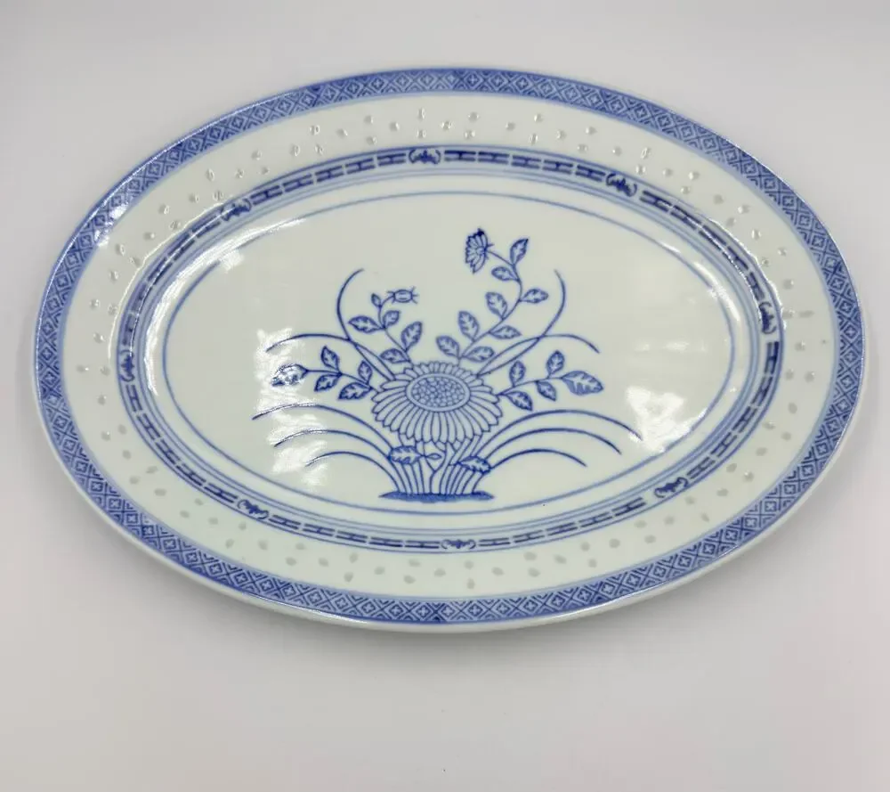 TIENSHAN Blue & White Porcelain Rice Grain Oval Serving Platter